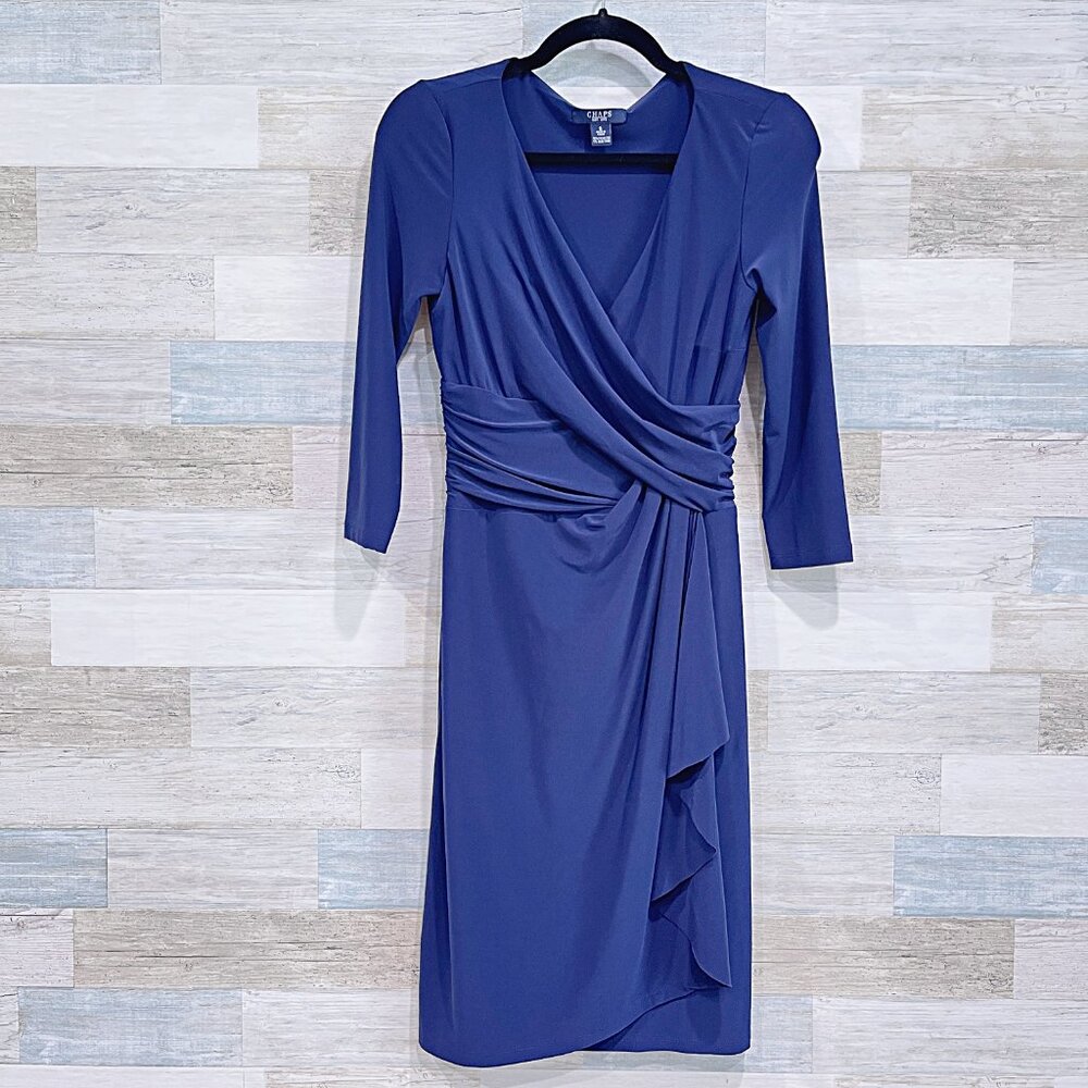 CHAPS Jersey Ruffle Wrap Sheath Dress Navy Blue Womens Small